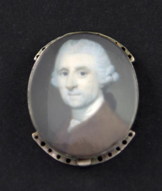 Richard Crosse (1742-1810) Miniature of a gentleman wearing a brown jacket, 3 x 2.7cm.